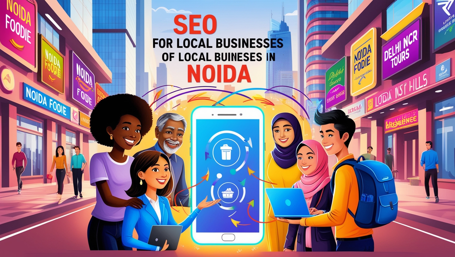 A group of diverse business people working together with digital devices, surrounded by Noida city signs and local business advertisements, emphasizing the importance of SEO for local businesses in Noida.